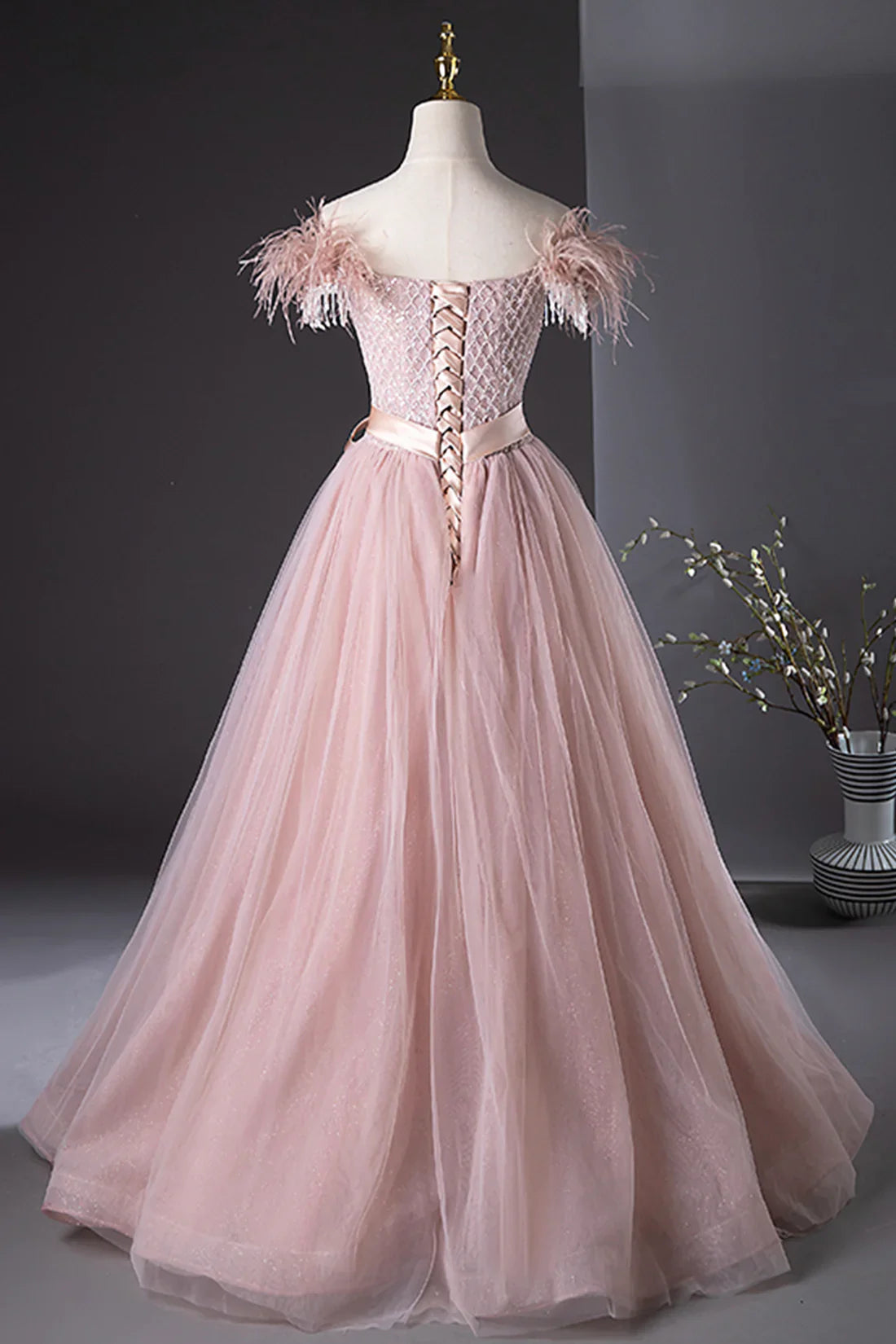 Pink Tulle Beaded Long Prom Dress, Lovely Pink Off the Shoulder Evening Party Dress TP154