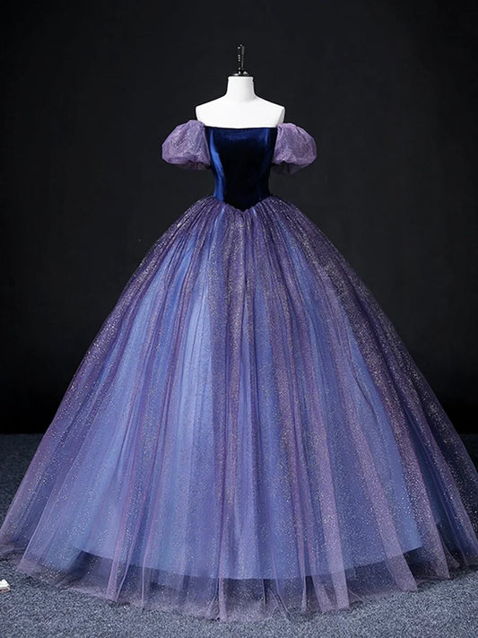 Beautiful Velvet Tulle Long Prom Dress, Purple A-line Party Dress sweet 16 Dress TP156