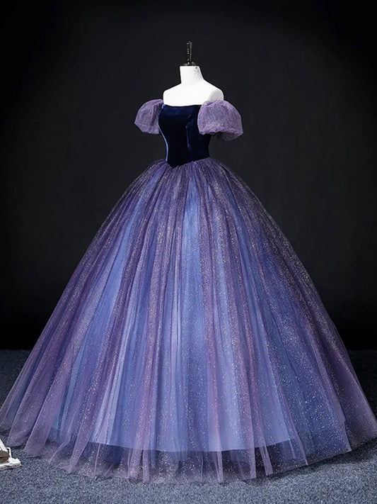 Beautiful Velvet Tulle Long Prom Dress, Purple A-line Party Dress sweet 16 Dress TP156