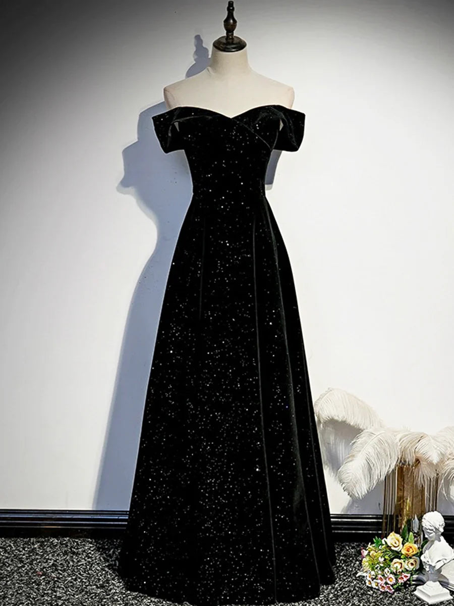 Vestido largo de fiesta de terciopelo negro, vestido de noche negro con hombros descubiertos TP157
