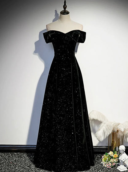 Vestido largo de fiesta de terciopelo negro, vestido de noche negro con hombros descubiertos TP157