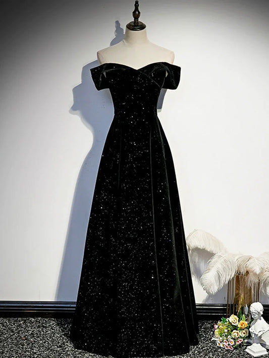 Black Velvet Long Prom Dress, Black Off the Shoulder Evening Party Dress TP157