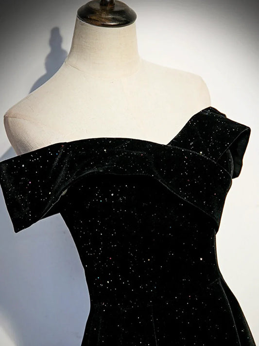 Black Velvet Long Prom Dress, Black Off the Shoulder Evening Party Dress TP157
