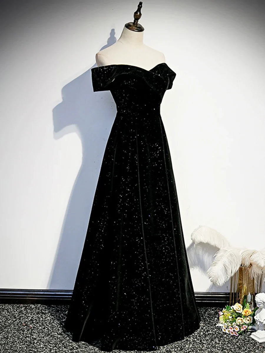 Vestido largo de fiesta de terciopelo negro, vestido de noche negro con hombros descubiertos TP157