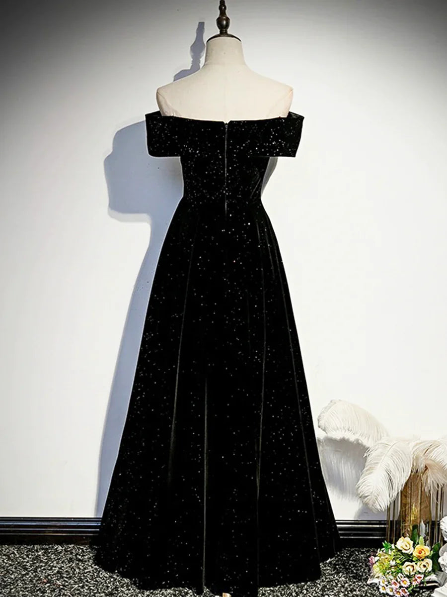 Vestido largo de fiesta de terciopelo negro, vestido de noche negro con hombros descubiertos TP157