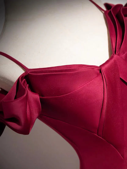 Burgundy Spaghetti Strap Satin Long Prom Dress, A-Line Evening Party Dress TP160