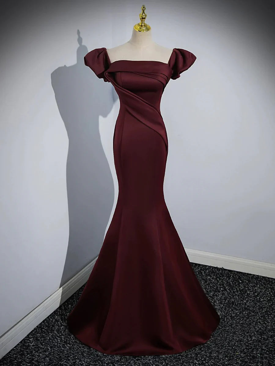 Burgundy Satin Long Prom Dress, Mermaid Off the Shoulder Evening Party Dress TP162