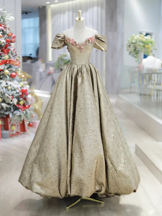Gold Satin V-Neck Long Prom Dress with Flowers, Off the Shoulder A-Line Formal Dress TP163
