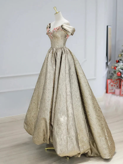 Gold Satin V-Neck Long Prom Dress with Flowers, Off the Shoulder A-Line Formal Dress TP163