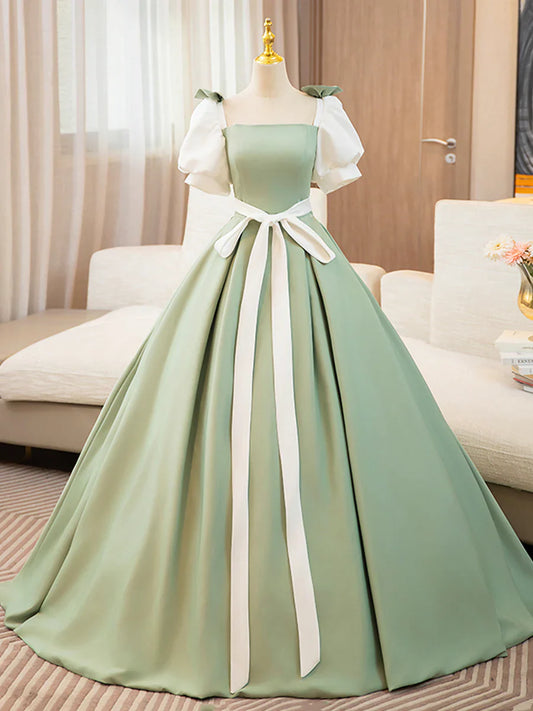 Vestido de fiesta largo de satén blanco y verde, corte A, manga corta, TP167
