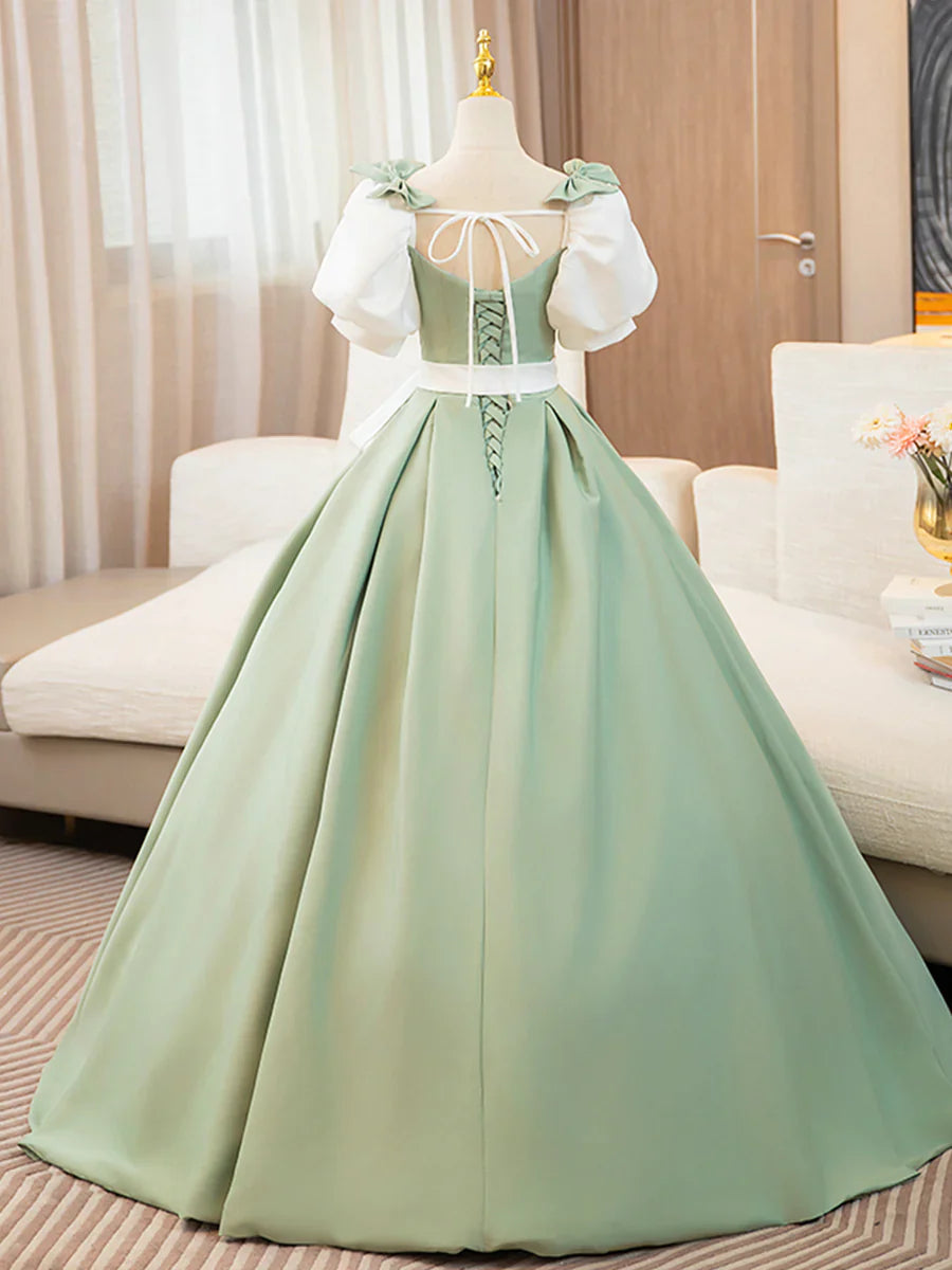 Vestido de fiesta largo de satén blanco y verde, corte A, manga corta, TP167