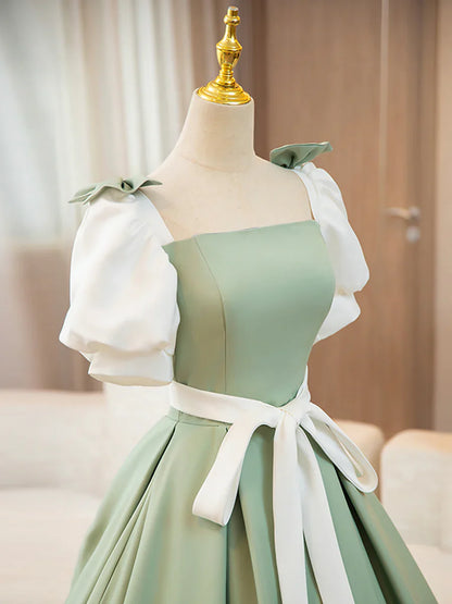 Vestido de fiesta largo de satén blanco y verde, corte A, manga corta, TP167