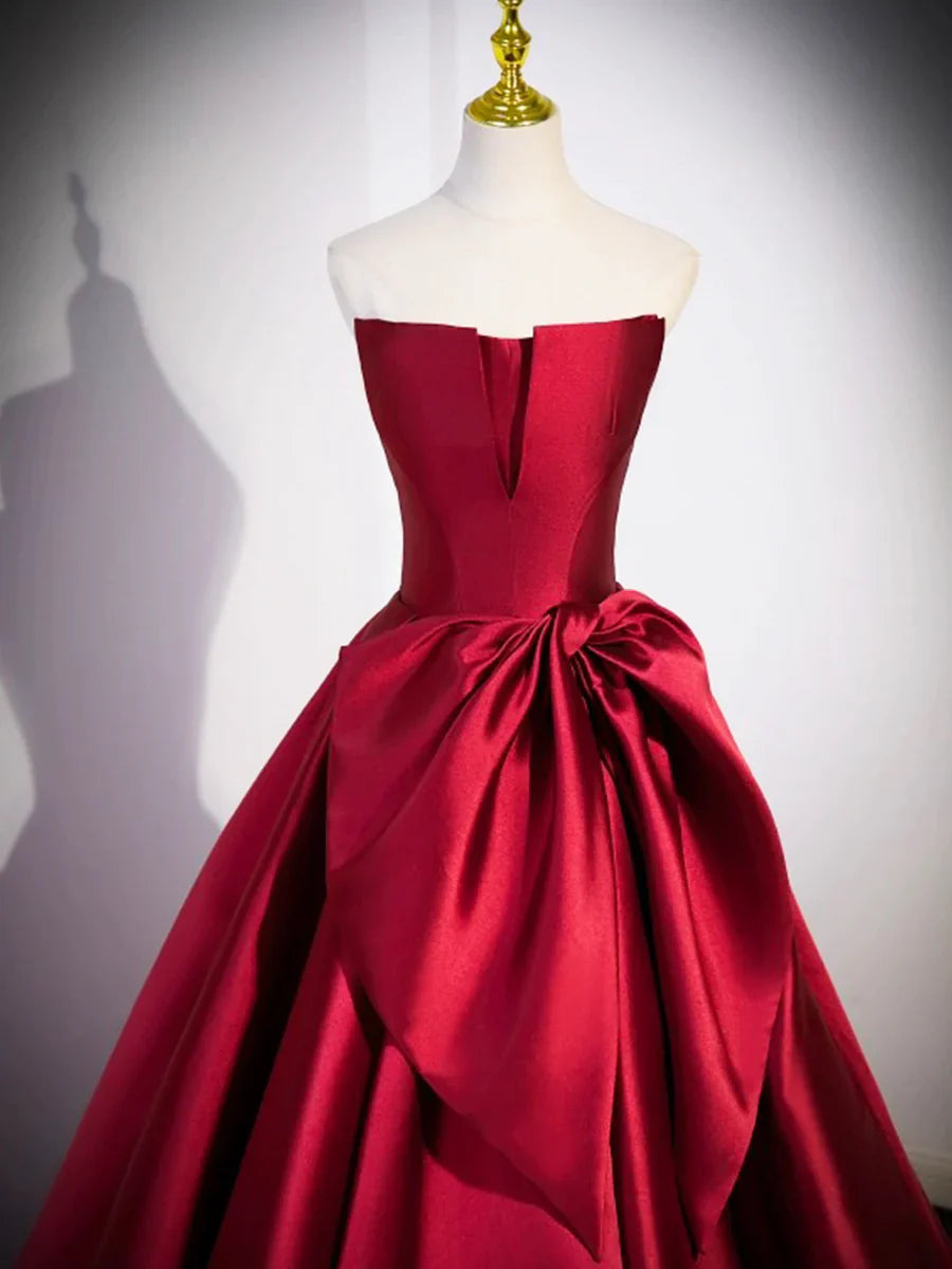 Burgundy Satin Strapless Long Prom Dress, Beautiful A-Line Evening Party Dress TP172