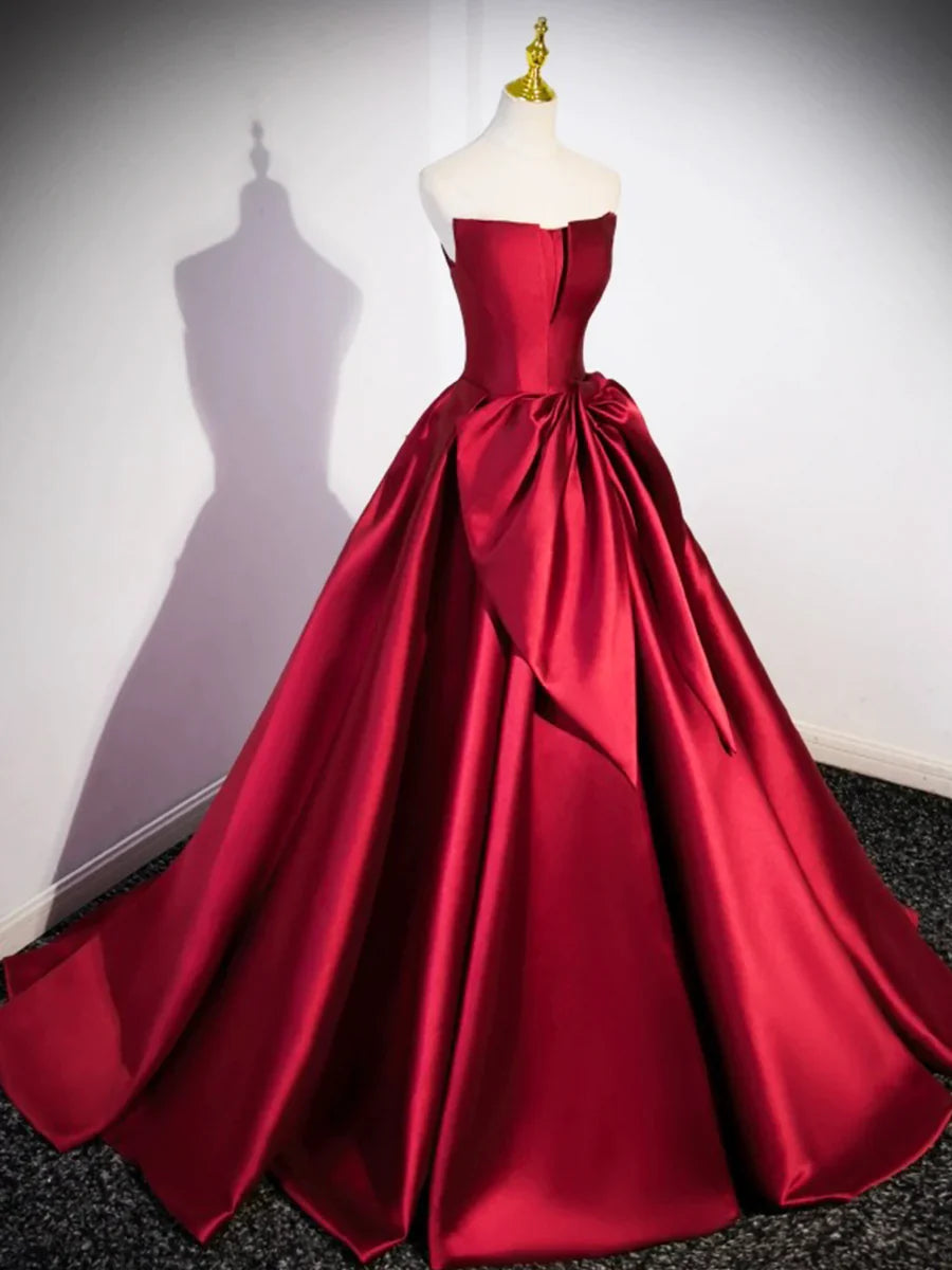 Burgundy Satin Strapless Long Prom Dress, Beautiful A-Line Evening Party Dress TP172