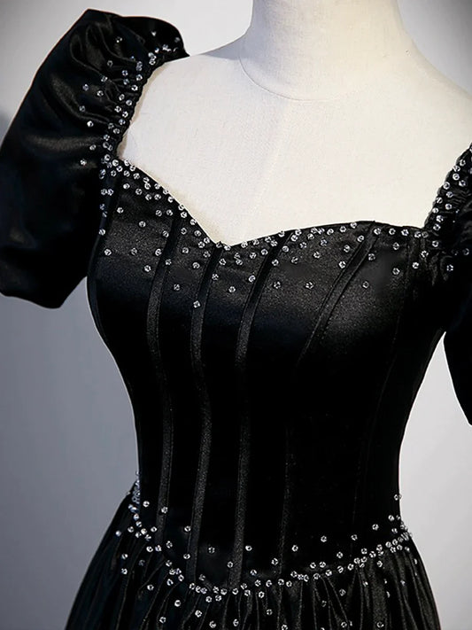 Black Satin Beaded Floor Length Prom Dress, Black A-Line Short Sleeve Evening Dress TP177