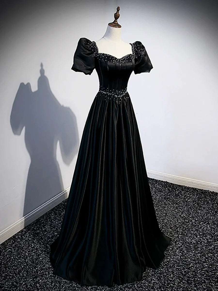 Black Satin Beaded Floor Length Prom Dress, Black A-Line Short Sleeve Evening Dress TP177