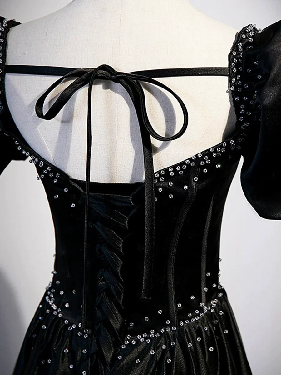 Black Satin Beaded Floor Length Prom Dress, Black A-Line Short Sleeve Evening Dress TP177