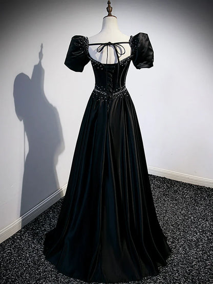 Black Satin Beaded Floor Length Prom Dress, Black A-Line Short Sleeve Evening Dress TP177