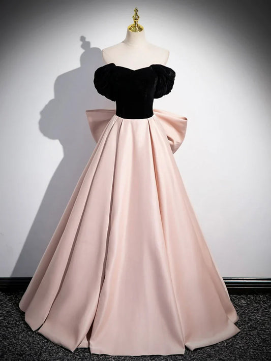 Black Satin and Pink Satin Long Prom Dress, Lovely A-Line Bow Party Evening Dress TP178