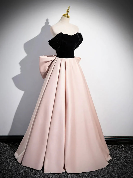 Black Satin and Pink Satin Long Prom Dress, Lovely A-Line Bow Party Evening Dress TP178