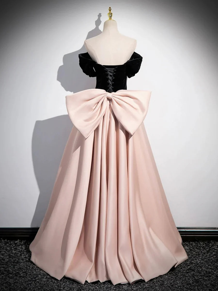 Black Satin and Pink Satin Long Prom Dress, Lovely A-Line Bow Party Evening Dress TP178