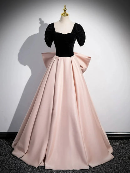Black Satin and Pink Satin Long Prom Dress, Lovely A-Line Bow Party Evening Dress TP178