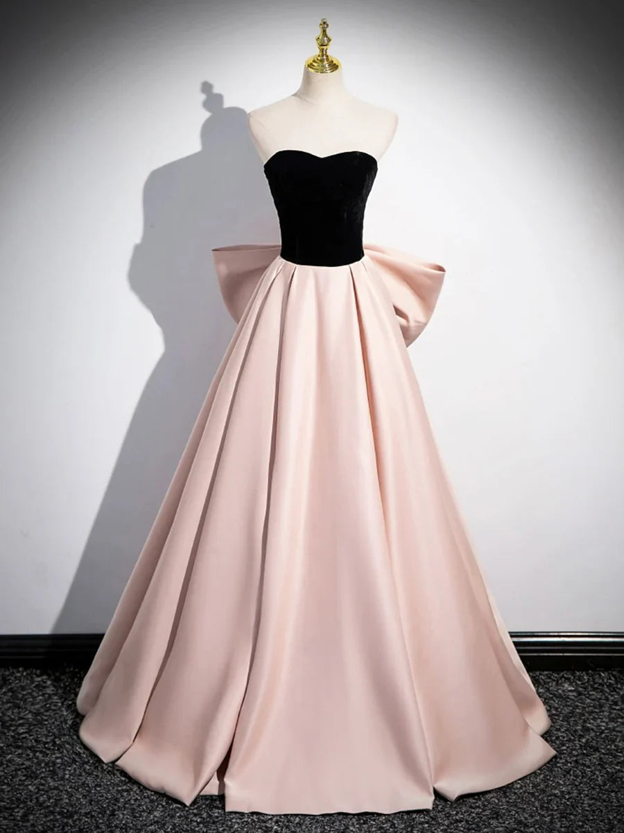 Black Satin and Pink Satin Long Prom Dress, Lovely A-Line Bow Party Evening Dress TP178