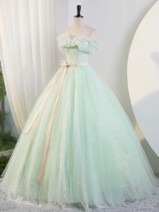 Hermosos vestidos de fiesta de tul verde salvia hasta el suelo, corte A, hombros descubiertos, vestidos de noche TP182