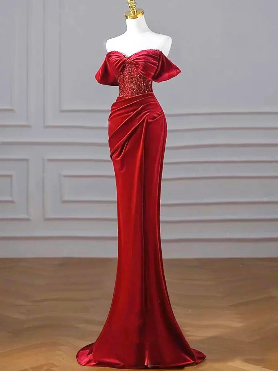 Burgundy Velvet Sequins Long Prom Dress, Mermaid Off the Shoulder Party Dress with Slit TP183
