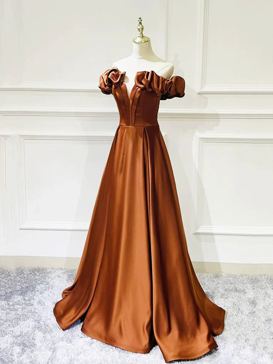 Vestido de fiesta largo de satén sencillo, escote en V y hombros descubiertos TP184