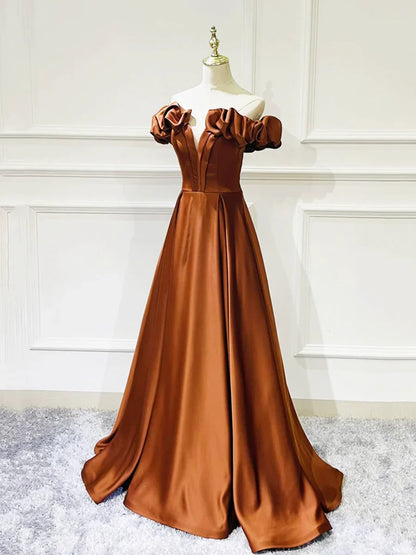 Vestido de fiesta largo de satén sencillo, escote en V y hombros descubiertos TP184