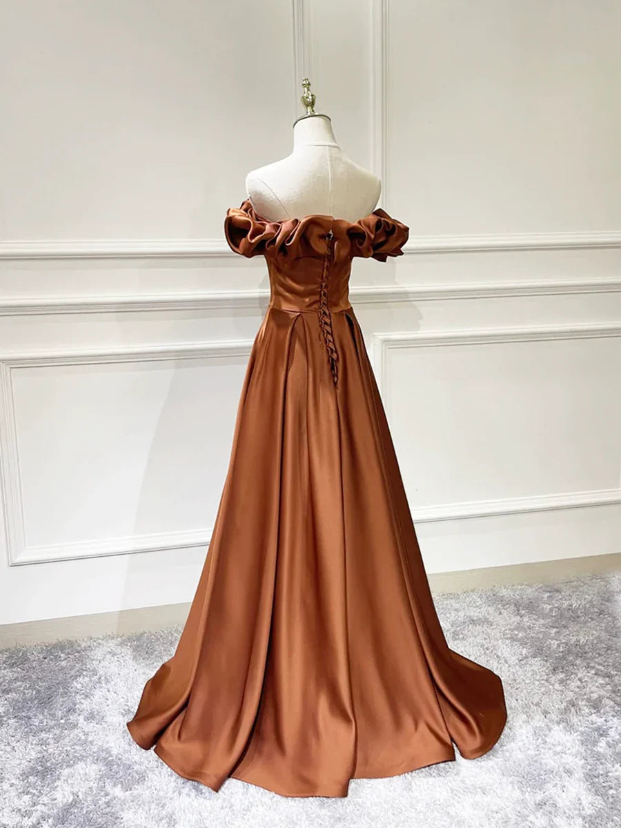 Vestido de fiesta largo de satén sencillo, escote en V y hombros descubiertos TP184