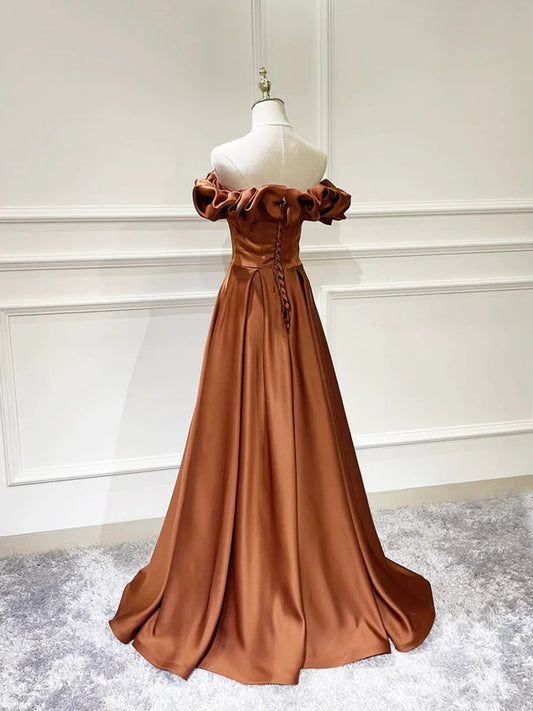 Vestido de fiesta largo de satén sencillo, escote en V y hombros descubiertos TP184