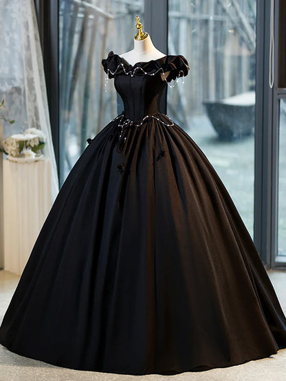 Vestido de fiesta negro de corte A, largo hasta el suelo, con perla y hombros descubiertos, TP187