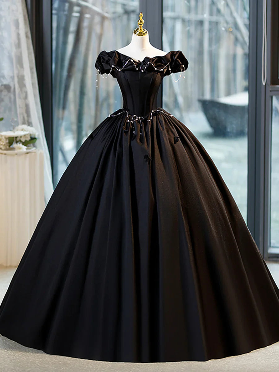 Vestido de fiesta negro de corte A, largo hasta el suelo, con perla y hombros descubiertos, TP187