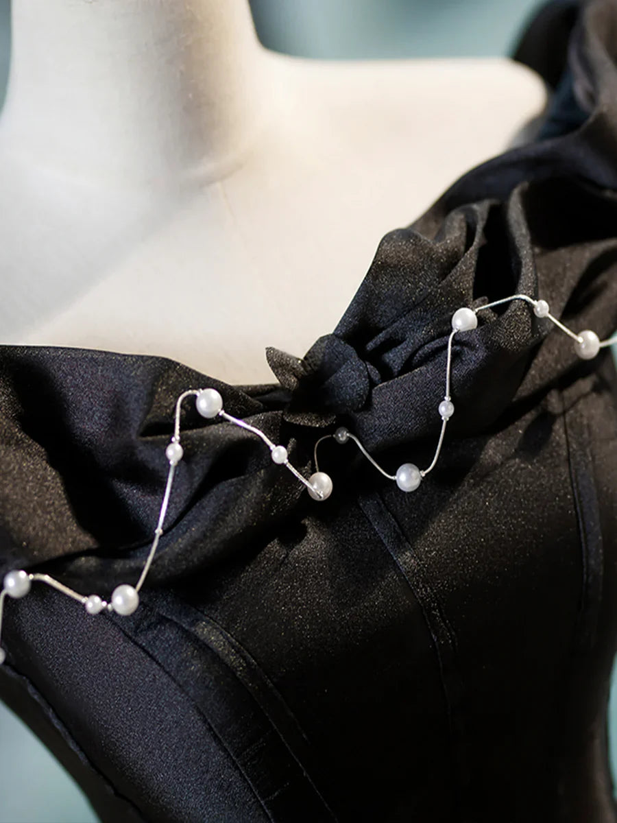Vestido de fiesta negro de corte A, largo hasta el suelo, con perla y hombros descubiertos, TP187