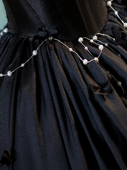 Vestido de fiesta negro de corte A, largo hasta el suelo, con perla y hombros descubiertos, TP187