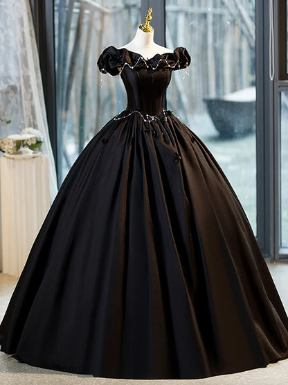 Vestido de fiesta negro de corte A, largo hasta el suelo, con perla y hombros descubiertos, TP187