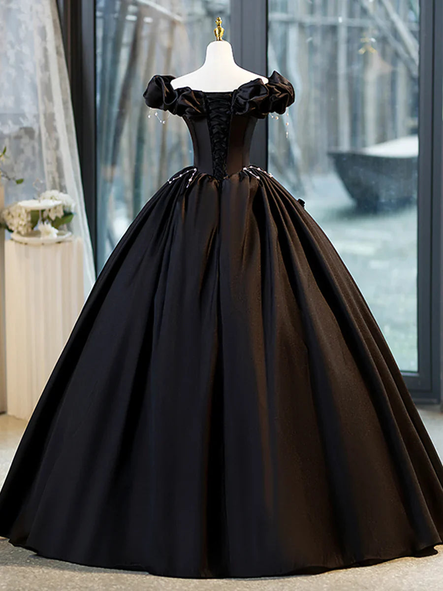Vestido de fiesta negro de corte A, largo hasta el suelo, con perla y hombros descubiertos, TP187