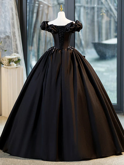 Vestido de fiesta negro de corte A, largo hasta el suelo, con perla y hombros descubiertos, TP187