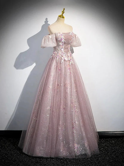 Pink Tulle Lace Long Prom Dress with Beaded, A-Line Off the Shoulder Evening Party Dress TP189
