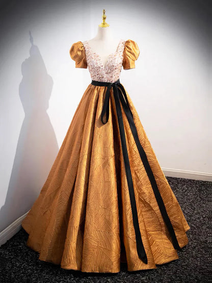 Vestido de fiesta único con escote en V y cuentas, largo hasta el suelo, hermoso vestido de fiesta de manga corta en forma de A TP190