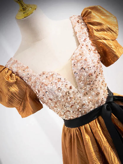 Vestido de fiesta único con escote en V y cuentas, largo hasta el suelo, hermoso vestido de fiesta de manga corta en forma de A TP190
