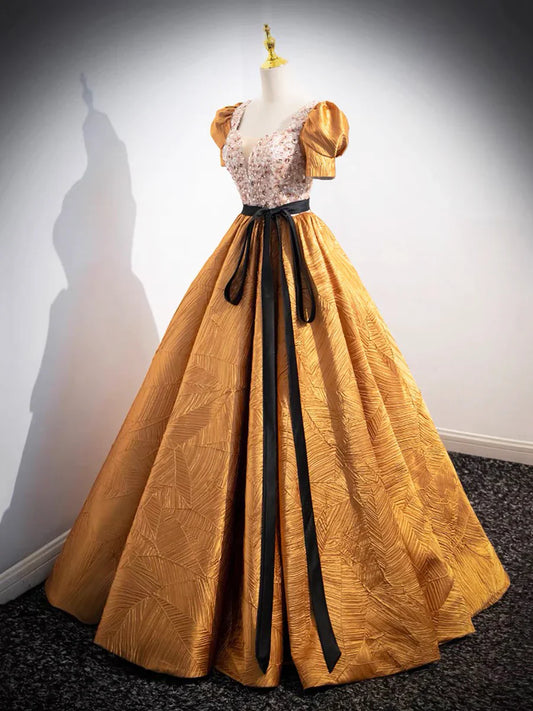 Vestido de fiesta único con escote en V y cuentas, largo hasta el suelo, hermoso vestido de fiesta de manga corta en forma de A TP190