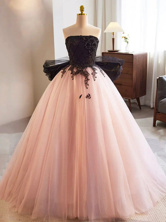 Black and Pink Tulle Lace Long Prom Dress, A-Line Strapless Evening Sweet 16 Dress TP192