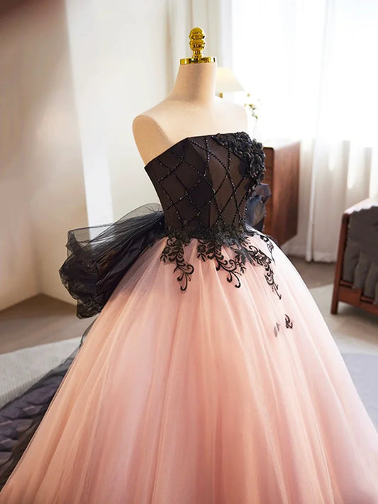 Black and Pink Tulle Lace Long Prom Dress, A-Line Strapless Evening Sweet 16 Dress TP192
