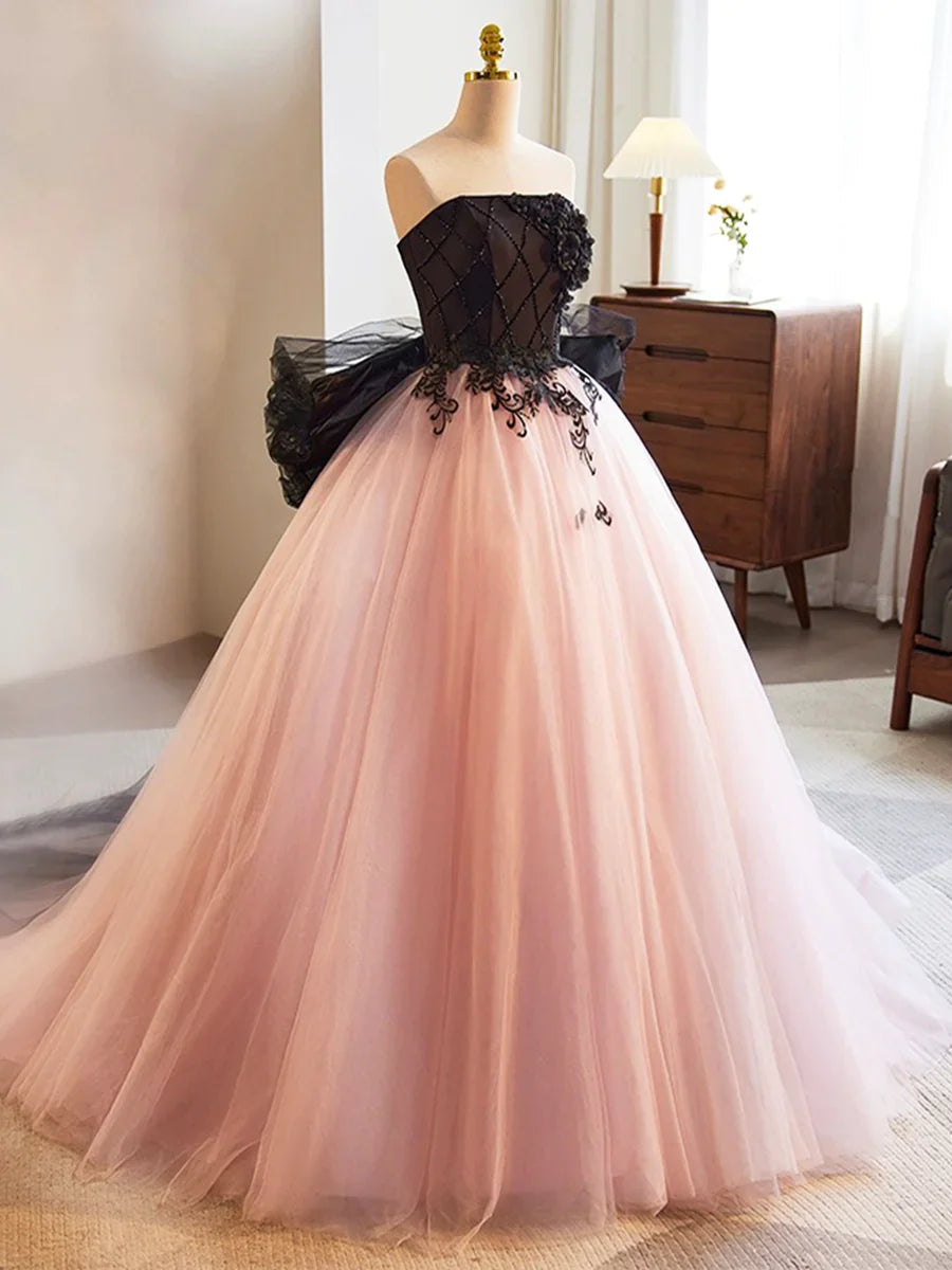 Black and Pink Tulle Lace Long Prom Dress, A-Line Strapless Evening Sweet 16 Dress TP192