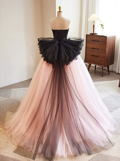 Black and Pink Tulle Lace Long Prom Dress, A-Line Strapless Evening Sweet 16 Dress TP192