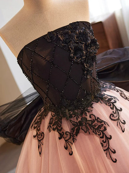 Black and Pink Tulle Lace Long Prom Dress, A-Line Strapless Evening Sweet 16 Dress TP192