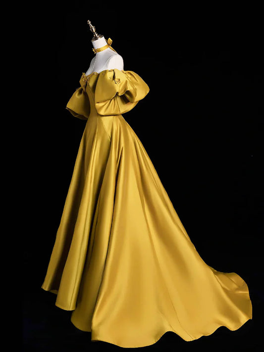 Vestido de fiesta largo de satén amarillo, corte A, hombros descubiertos, TP193